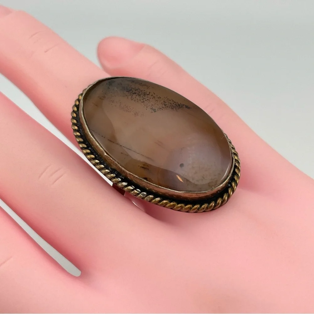 Vintage Oval Moss/Dendritic Agate Statement Ring – Rope Edge Bezel
